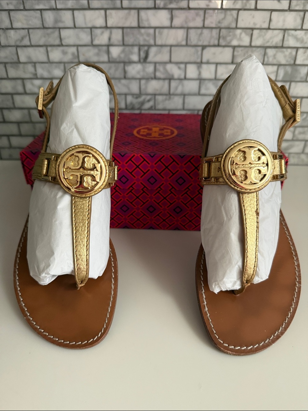 Tory Burch Gold Cassia Metallic Tumbled leather Sandals